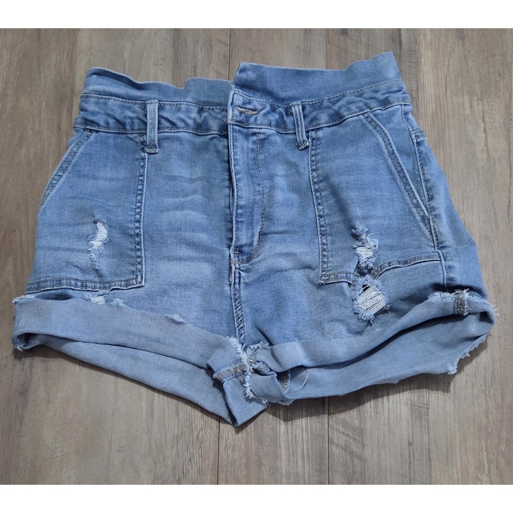 Refuge Medium Wash Denim Distressed Cuffed Shorts Juniors Youth Girl Size 9
